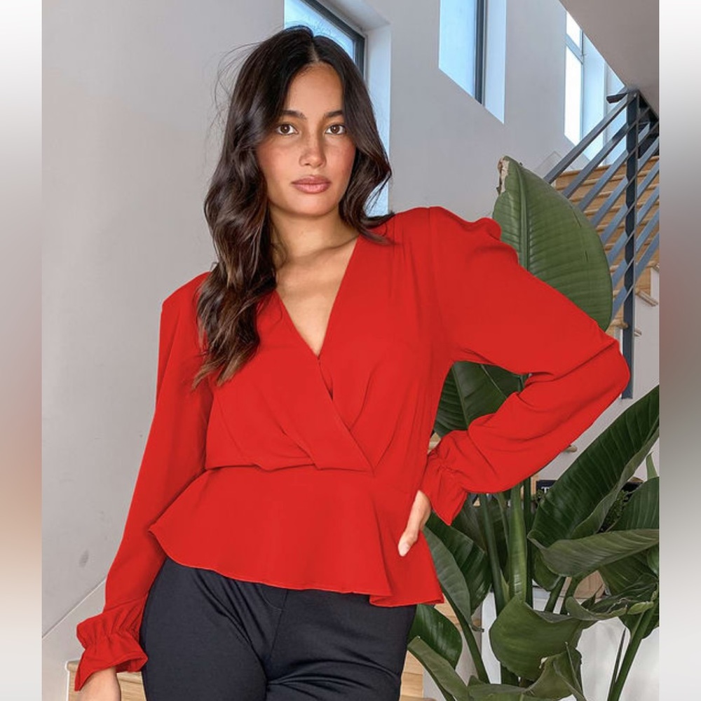 Lulus Expertise Red Faux Wrap Flounce Sleeve Top, size small